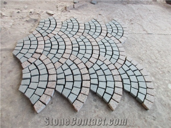 China Popular Cheap G654 Padang Dark Grey + G562 Maple Red Granite Flamed+ Natural Split Cube Stone Mesh Paving Sets, Cobble Stone Mesh Garden Stepping Pavements, Walkway, Driveway, Patio Pavers