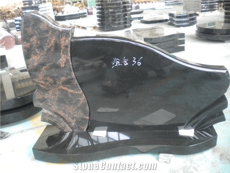 Indian Aurora and Absolute Black Granite Tombstones, Monuments; Composite Monuments for Lithuanian Market, Western Style Monuments Design