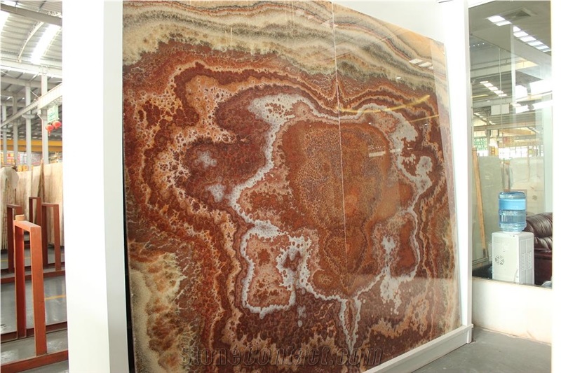 High Quality Onyx Book Match /New China Polished Book Match Red Dragon Onyx Slab