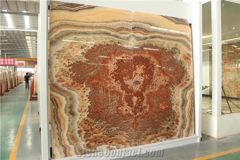 High Quality Onyx Book Match /New China Polished Book Match Red Dragon Onyx Slab