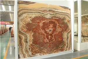 High Quality Onyx Book Match /New China Polished Book Match Red Dragon Onyx Slab