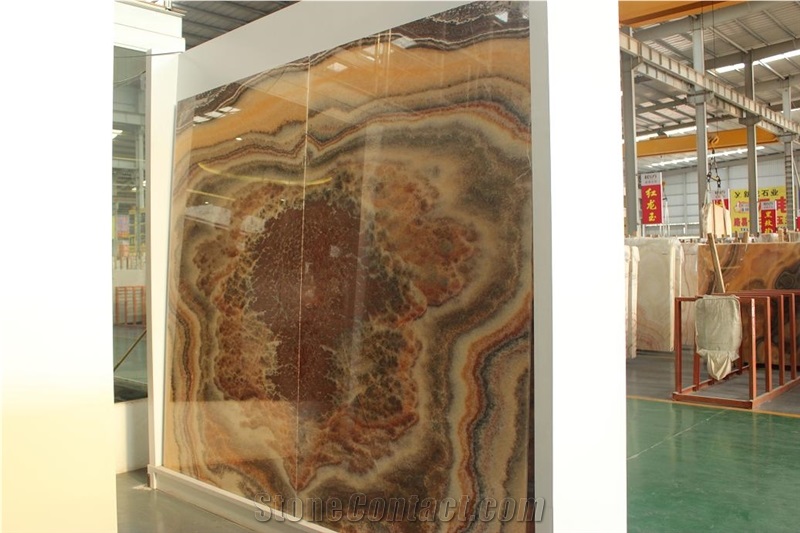 High Quality Onyx Book Match /New China Polished Book Match Red Dragon Onyx Slab