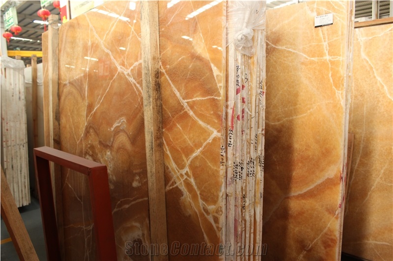 Newest Polished China Honey Yellow Onyx Tile & Slab for Vein Cut
