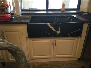 Monte Carlo Soapstone Top with a White Cabinet and Carved Drain Board