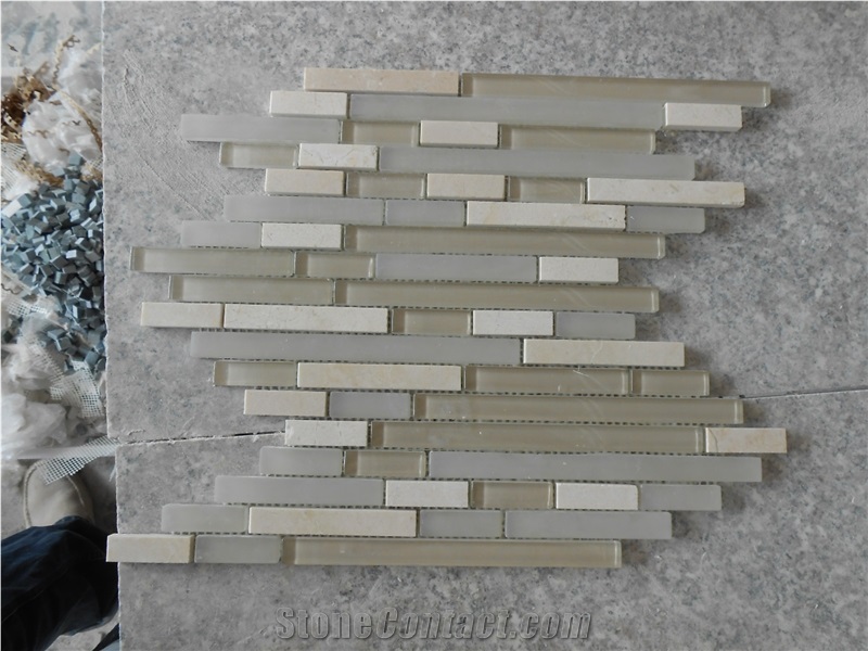 China Beige Marble with Glass Mosaic,Polished Marble+Glass Mosaic,Marble with Glass Linear Strips Mosaic