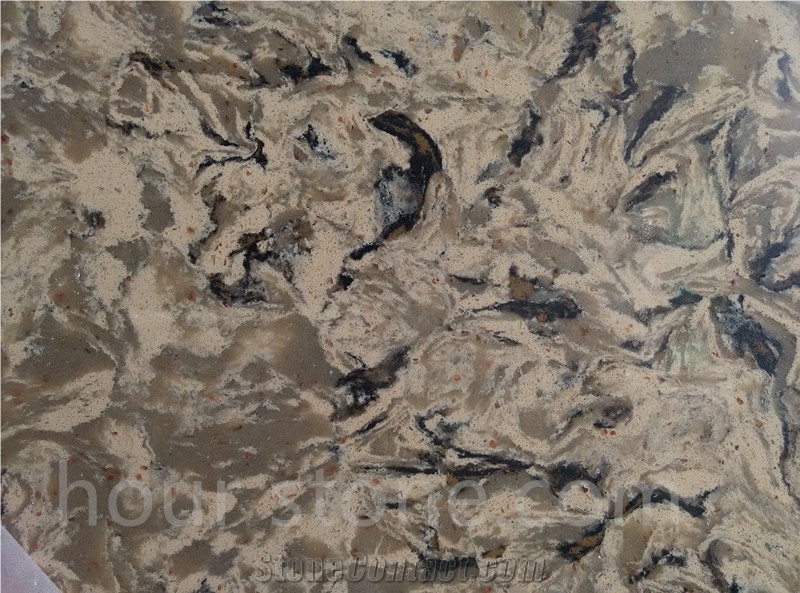 Brown Quartz Slab, Golden Flowers Artificial Stone