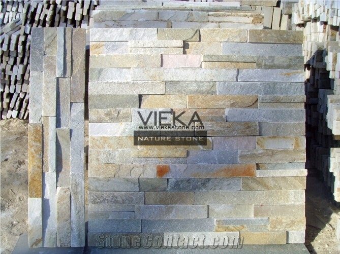 Beige Yellow Slate Mix P014b-1 Culture Stone/Wall Panel Ledge Stone/Veneer/Stacked Stone for Wall Cladding 60x15cm Retangle