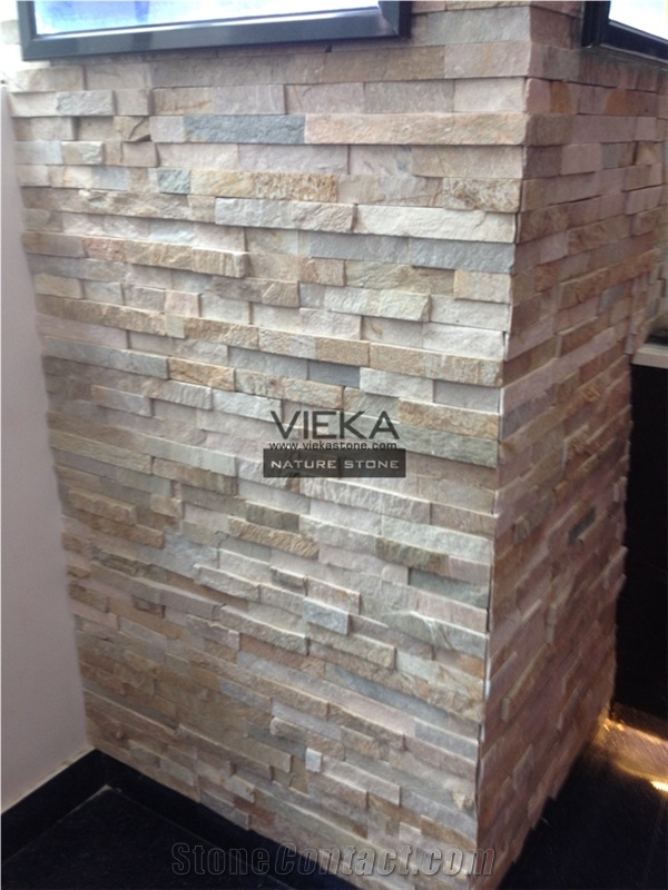Beige Yellow Slate Mix P014b-1 Culture Stone/Wall Panel Ledge Stone/Veneer/Stacked Stone for Wall Cladding 60x15cm Retangle
