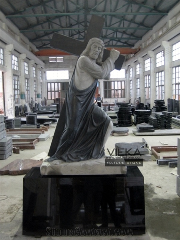 Shanxi Black Granite Tombstone & Monument,Memorials,Gravestone & Jesus Sculpture Cross Headstone Produce for Poland Client