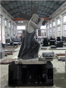 Shanxi Black Granite Tombstone & Monument,Memorials,Gravestone & Jesus Sculpture Cross Headstone Produce for Poland Client