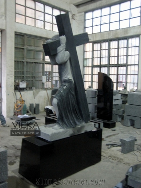 Shanxi Black Granite Tombstone & Monument,Memorials,Gravestone & Jesus Sculpture Cross Headstone Produce for Poland Client