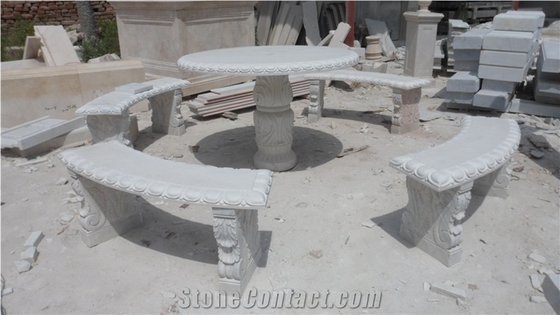 China White Marble Table & Bench