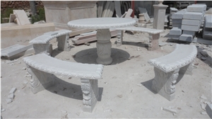China White Marble Table & Bench
