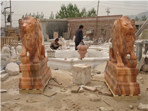 Hand Carved Marble Sitting Lion Statue Pink Marble Sculpture Garden