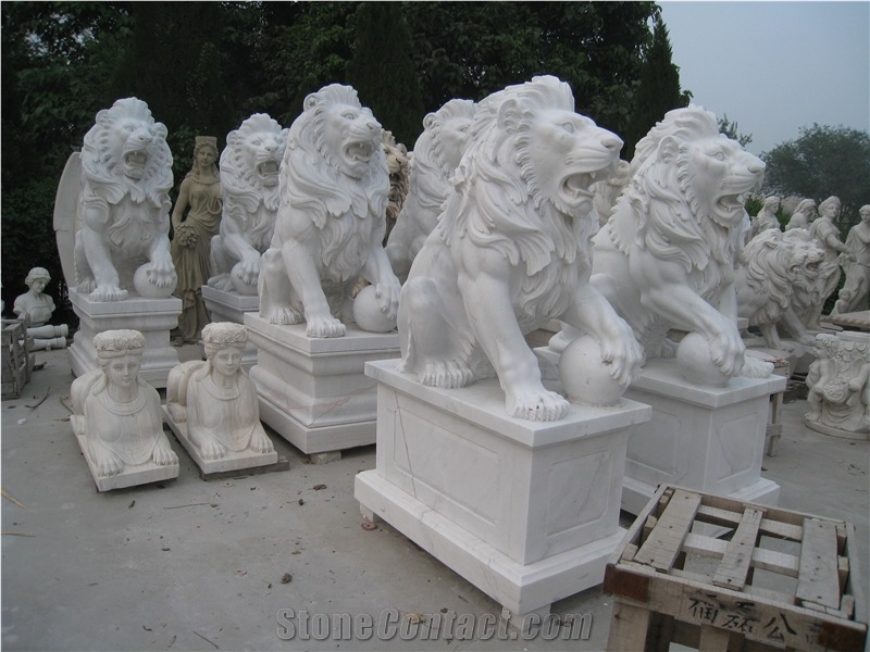 Hand Carved Marble Sitting Lion Statue Pink Marble Sculpture Garden
