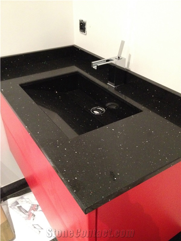 Star Black Quartz Stone Bathroom Top, Solid Sink