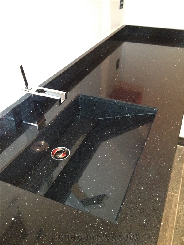 Star Black Quartz Stone Bathroom Top, Solid Sink