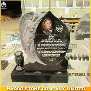 China Factory Carving Angel Statue Tombstone, Absolute Shanxi Black Granite Etching, Laser Engraving Pictures Monuments with Vases