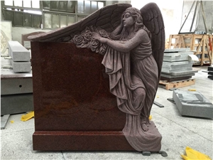 China Factory Direct Ruby Red, Inidan Red Granite Engraved Angel with Wings Tombstone Die and Base One Piece, Cemetery Monument Special Design