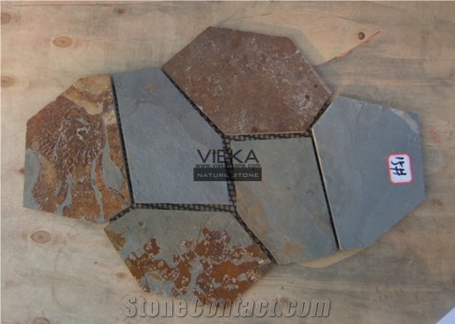 Random Flagstone Mats Black Slate Landscaping Stone Paving on Mesh