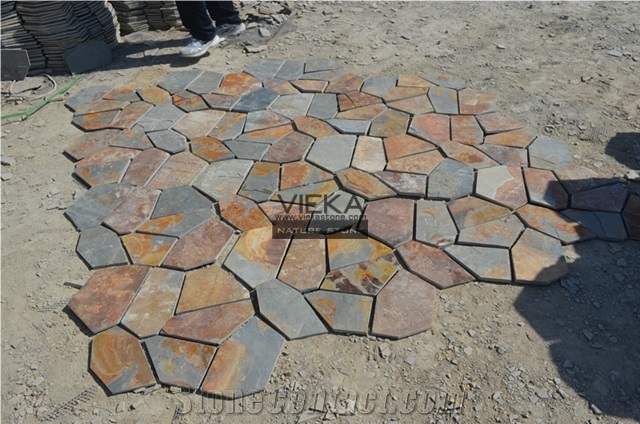 Random Flagstone Mats Black Slate Landscaping Stone Paving on Mesh