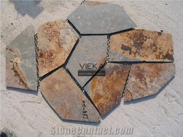 Random Flagstone Mats Black Slate Landscaping Stone Paving on Mesh Rusty Slate