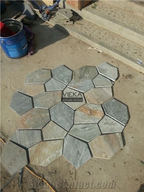 Random Flagstone Mats Black Slate Landscaping Stone Paving on Mesh Slate