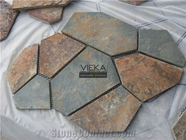 Random Flagstone Mats Black Slate Landscaping Stone Paving on Mesh Slate