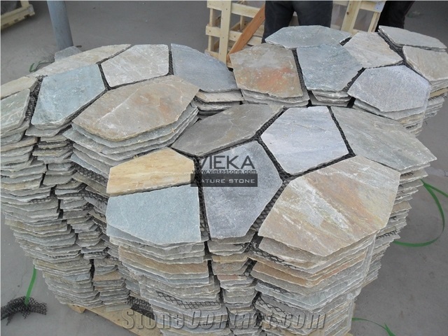Random Flagstone Mats Black Slate Landscaping Stone Paving on Mesh Slate