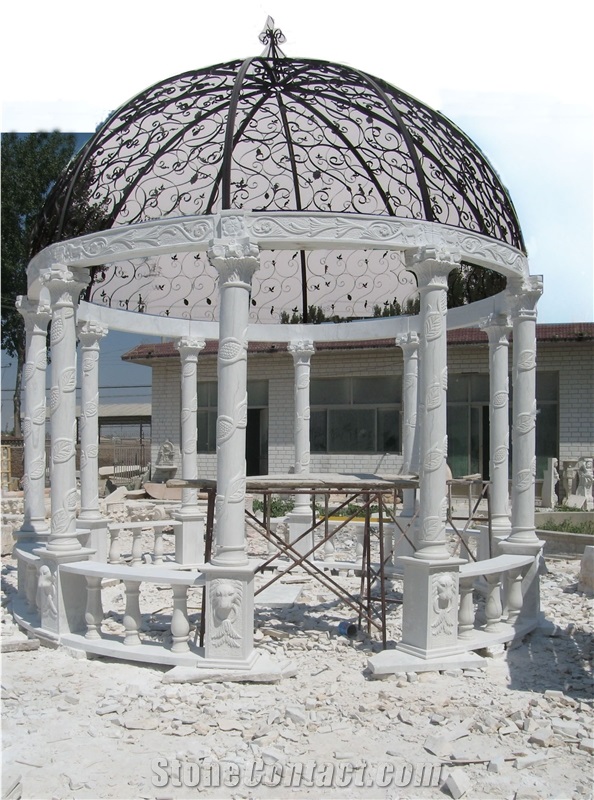 Hand Carved White Marble Gazebo with Iron Dome