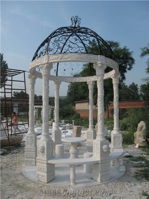 Hand Carved White Marble Gazebo with Iron Dome