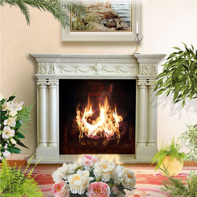 White Marble Fireplace Surround with Column Design and Hand Carving