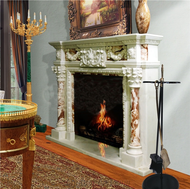 White Marble Fireplace Surround with Column Design and Hand Carving