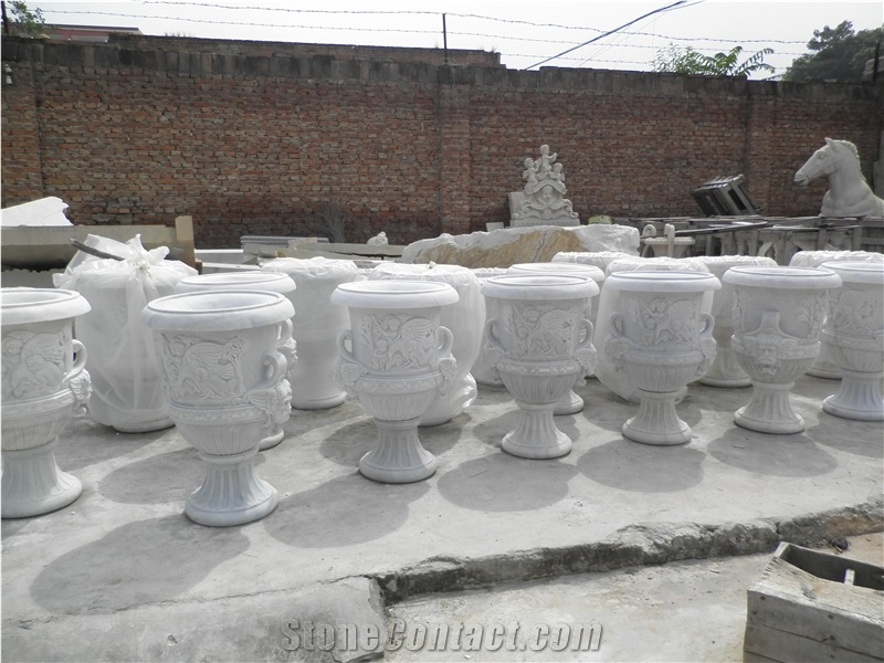 White Marble Hand Carved Flowerpot