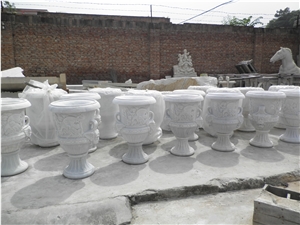 White Marble Hand Carved Flowerpot