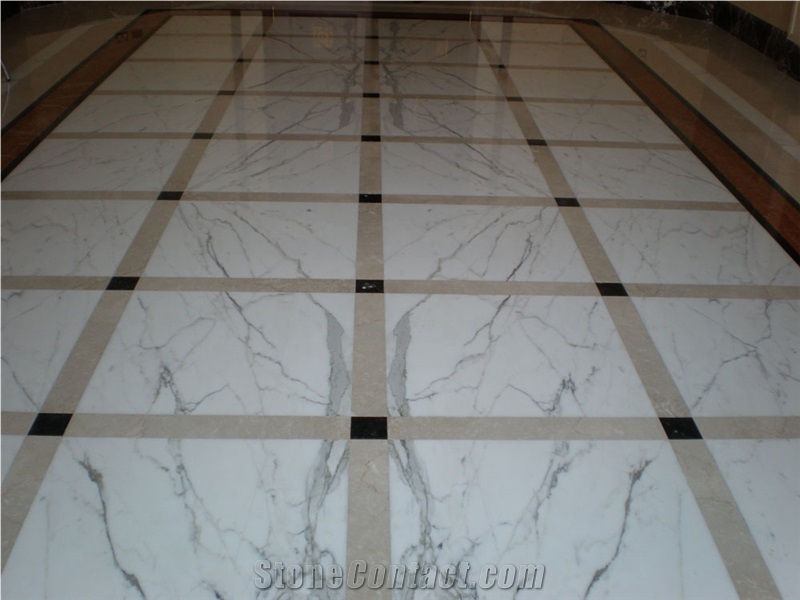 Statuario Venato Marble and Botticino Semi Classico Marble Floor Pattern
