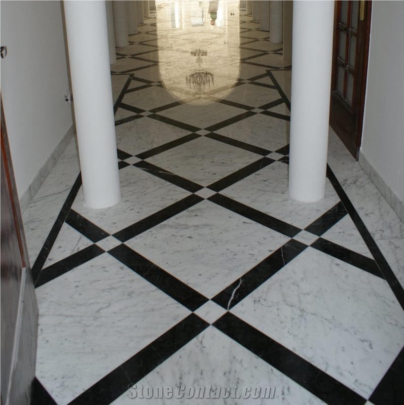 Black Marble Nero Maraquina and Bianco Carrara White Marble Pattern Slabs & Tiles, Nero Marquina Black Marble Tiles