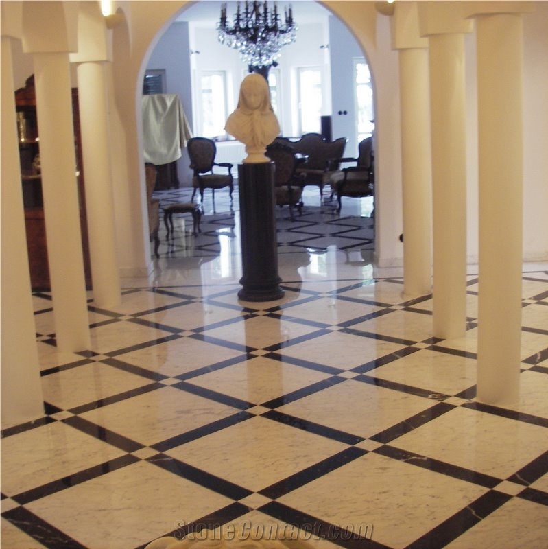 Black Marble Nero Maraquina and Bianco Carrara White Marble Pattern Slabs & Tiles, Nero Marquina Black Marble Tiles