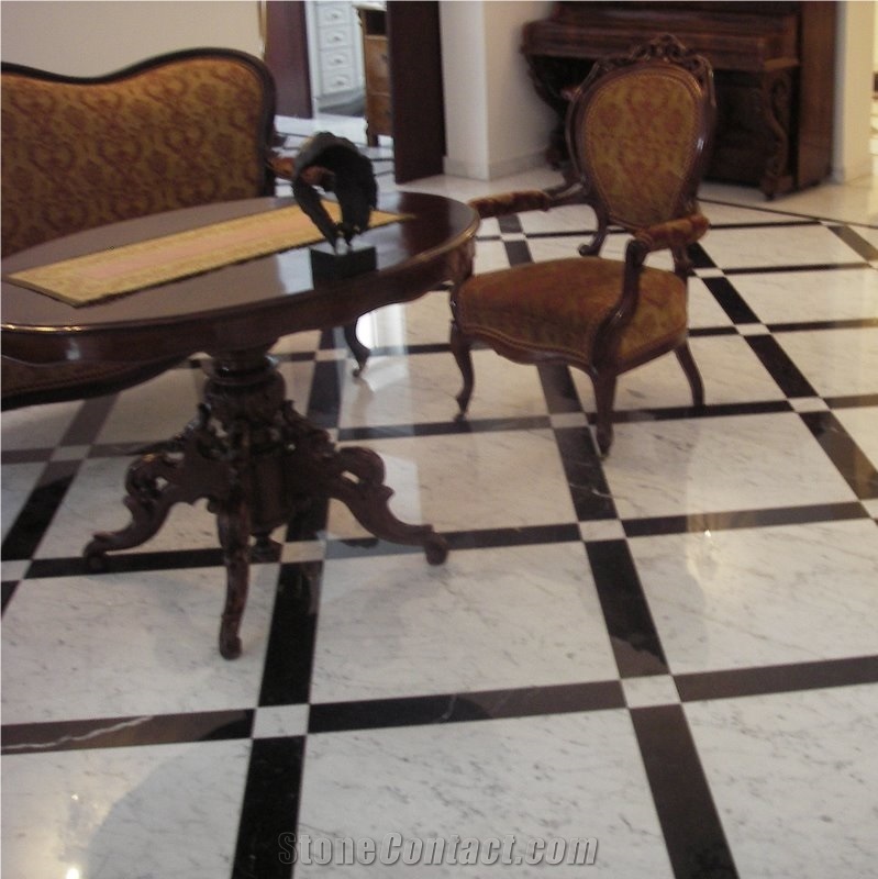 Black Marble Nero Maraquina and Bianco Carrara White Marble Pattern Slabs & Tiles, Nero Marquina Black Marble Tiles