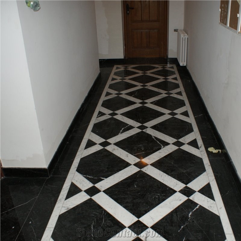 Black Marble Nero Maraquina and Bianco Carrara White Marble Pattern Slabs & Tiles, Nero Marquina Black Marble Tiles