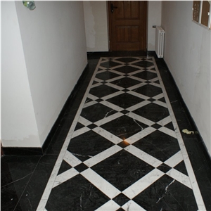 Black Marble Nero Maraquina and Bianco Carrara White Marble Pattern Slabs & Tiles, Nero Marquina Black Marble Tiles