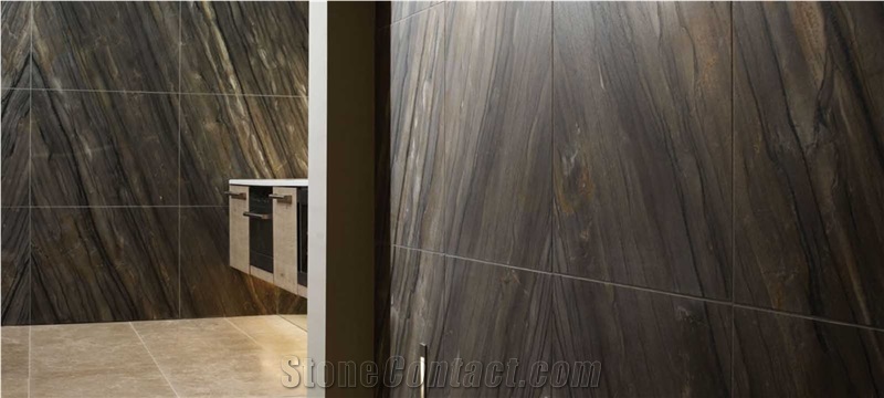 Sequoia Brown Quartzite Bookmatch Wall and Corus Limestone Flooring Bath