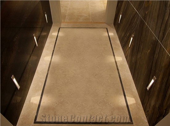Sequoia Brown Quartzite Bookmatch Wall and Corus Limestone Flooring Bath
