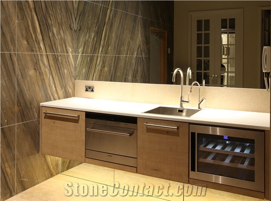 Sequoia Brown Quartzite Bookmatch Wall and Corus Limestone Flooring Bath