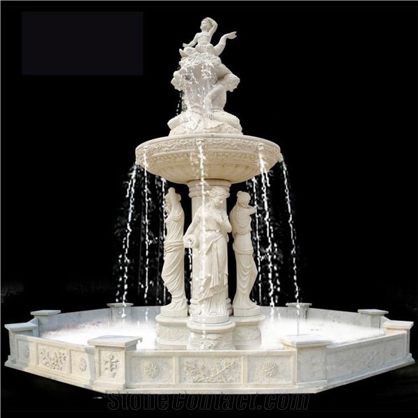 Caverd Unique Outdoor or Indoor Water Fountain Marble Carving Garden Fountain, White Marble Garden Fountains