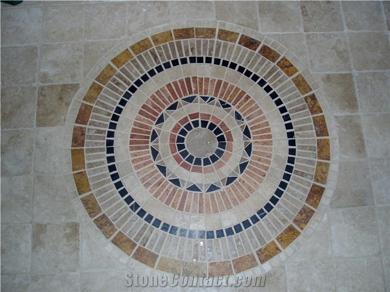 Tumbled Travertine Mosaic Floor Rosettes, Classic Beige Travertine Rosettes