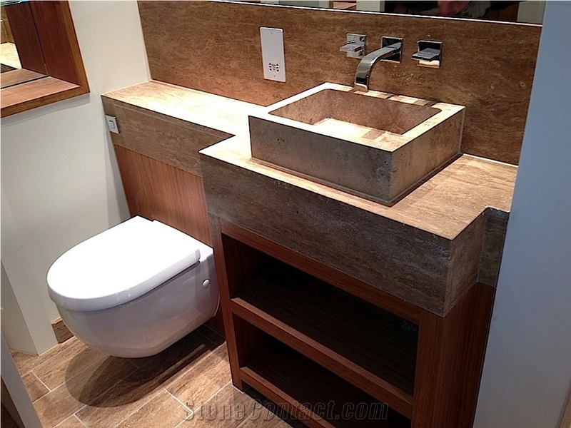 Travertino Noce Private Villa Bathtop and Vessel Wash Basin