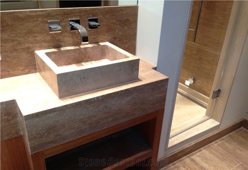 Travertino Noce Private Villa Bathtop and Vessel Wash Basin