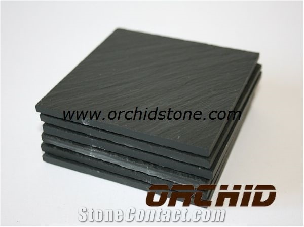Etched Black Slate Coaster Set