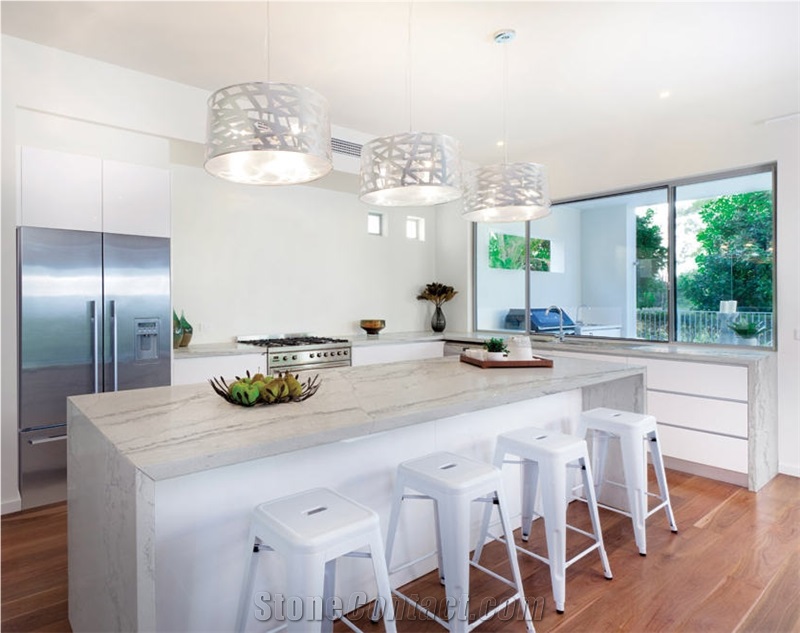 White Macaubas Quartzite Kitchen Island Top Design